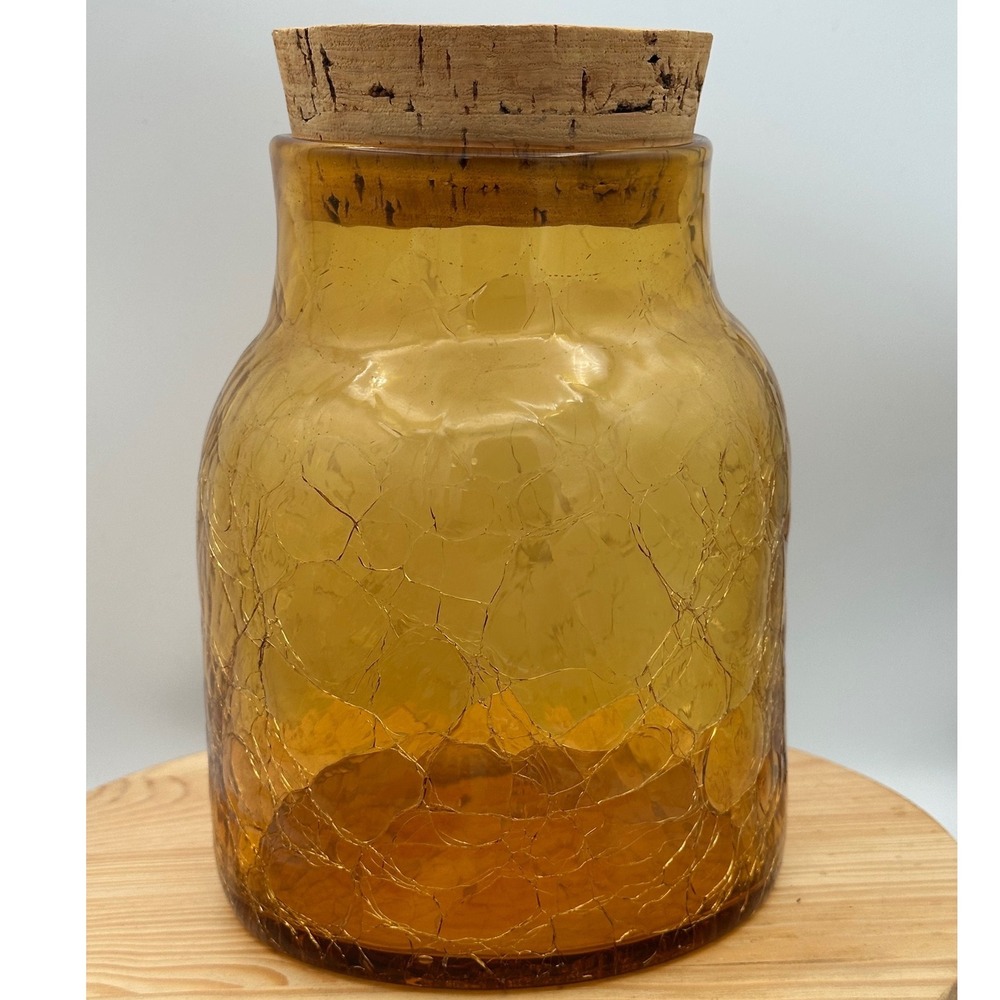 Vtg Mid-Century Amber Crackle Glass Canister Cork Lid Pilgrim? Glass Apothecary